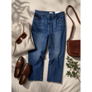 Loft The Straight Crop Jeans High Rise Curvy Fit Raw Hem Blue Medium Wash 30/10